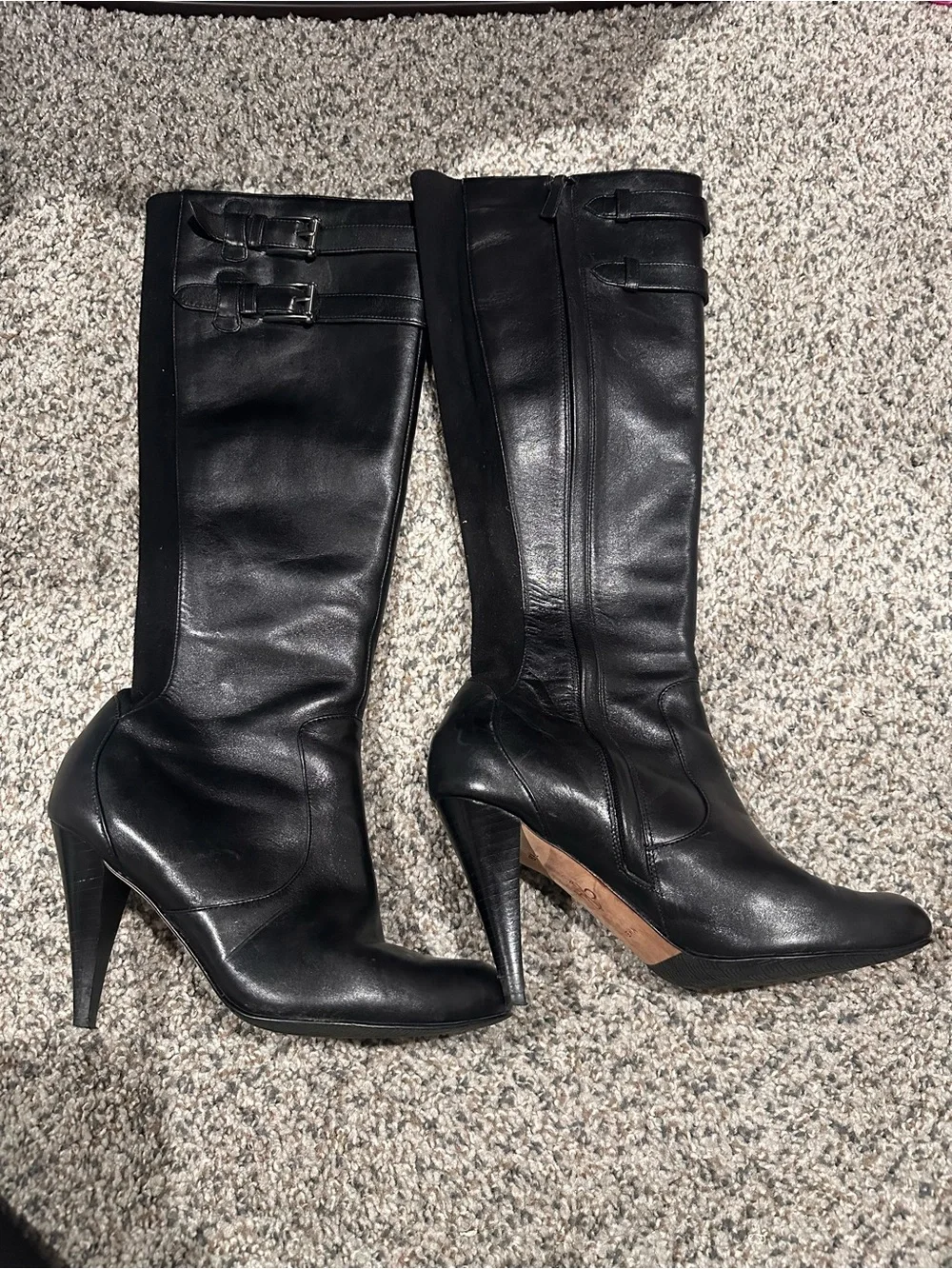Cole Haan Black Leather Over-The-Knee Boots with Double Buckle